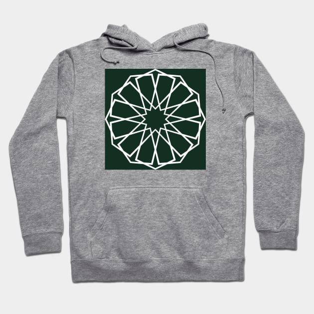 White Islamic Geometric Pattern Stars on Green Background Hoodie by Tilila